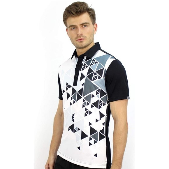 Savalino Mens Bowling Black Size S - 3XL Aron Geometric Polo Golf Shirt UV30+ - Picture 2 of 10